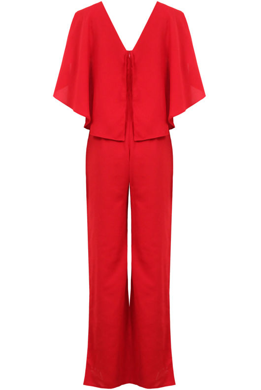 Red Bat Wing Layered Palazzo Jumpsuit