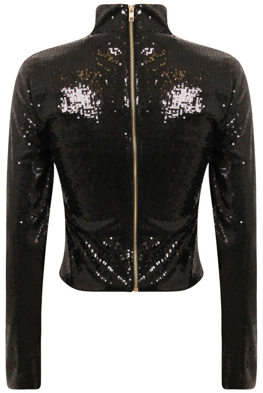 Black Sequin Turtle Neck Cropped Zip Top