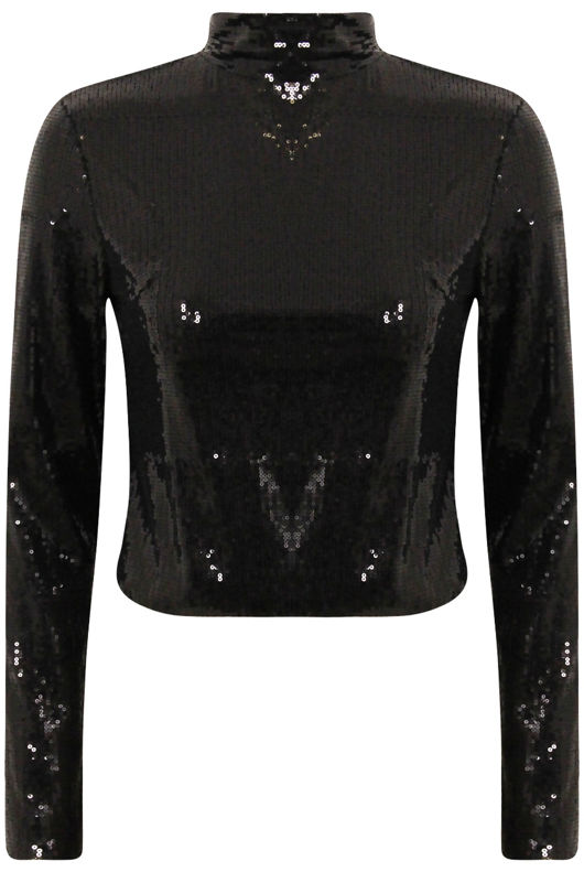 Black Sequin Turtle Neck Cropped Zip Top