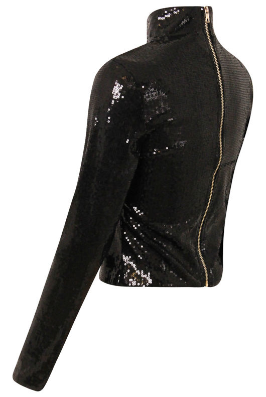Black Sequin Turtle Neck Cropped Zip Top