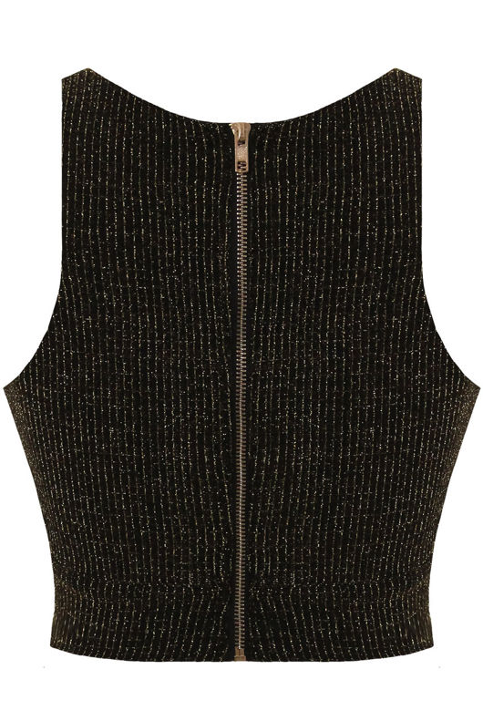 Lurex Grid Print Cut Out Crop Top In Gold