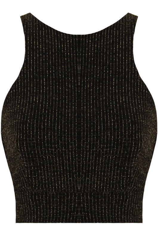 Lurex Grid Print Cut Out Crop Top In Gold