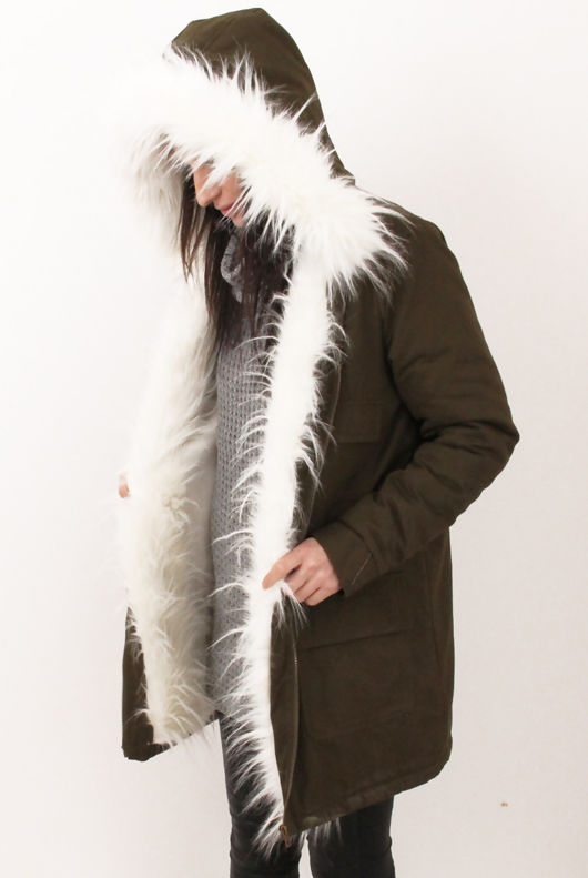 Khaki with Cream Faux Fur Fleece Lined Parka 