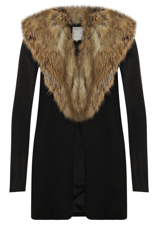 Black With Detachable Brown Fur Collar Coat
