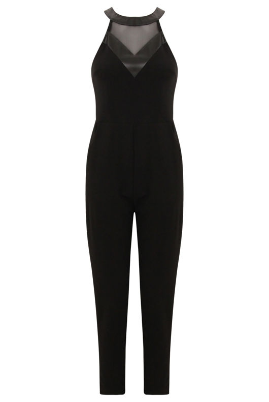 Black Jumpsuit With PU Mesh Panel