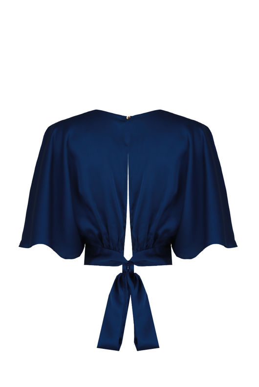 Blue Satin Cross Over Back Tie Up Tops