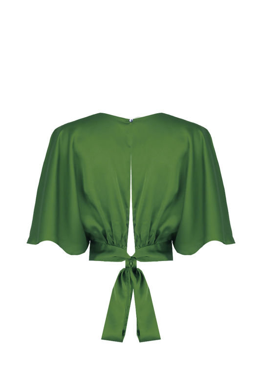 Green Satin Cross Over Back Tie Up Tops