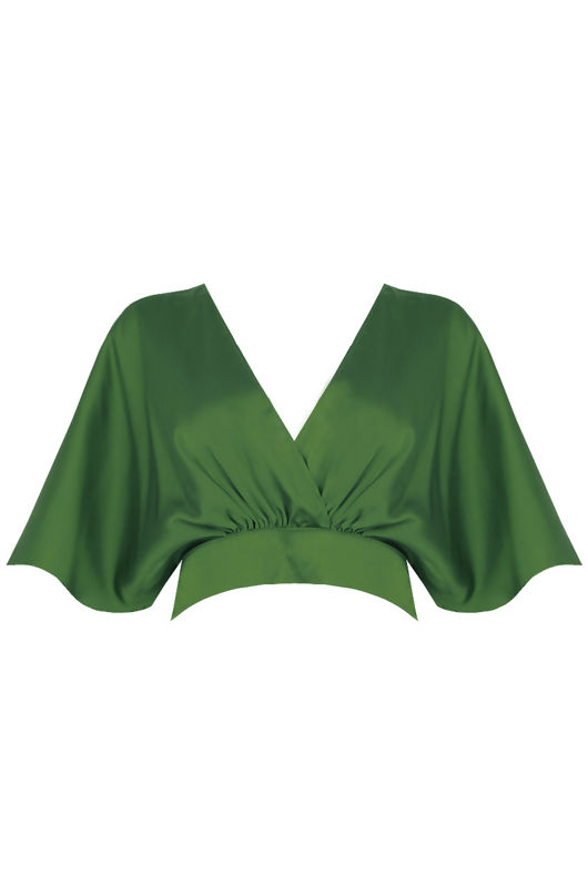 Green Satin Cross Over Back Tie Up Tops