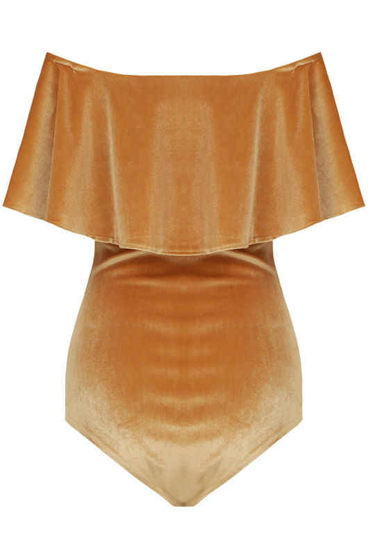 Mustard Velvet Textured Off Shoulder Frill Bodysuit