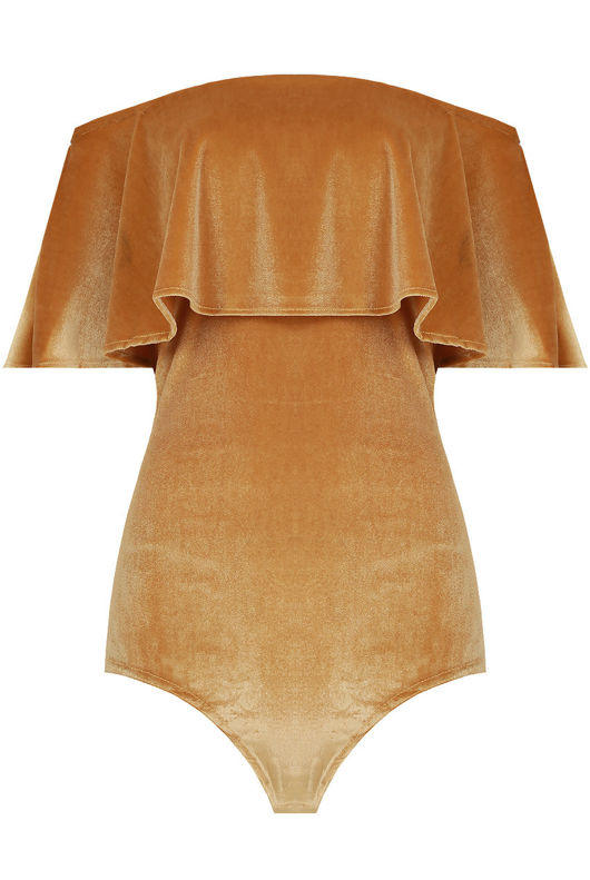 Mustard Velvet Textured Off Shoulder Frill Bodysuit