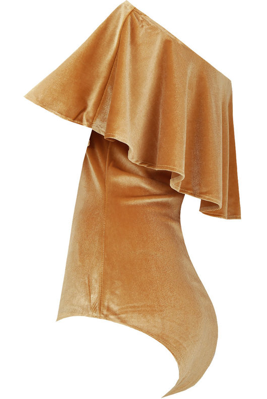 Mustard Velvet Textured Off Shoulder Frill Bodysuit