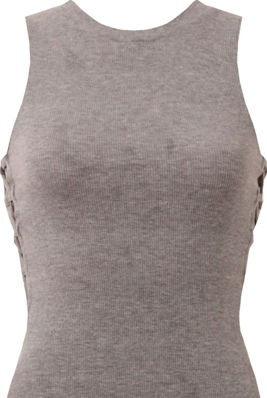 Grey Ribbed Side Lace Up Body Hugging Midi Dress