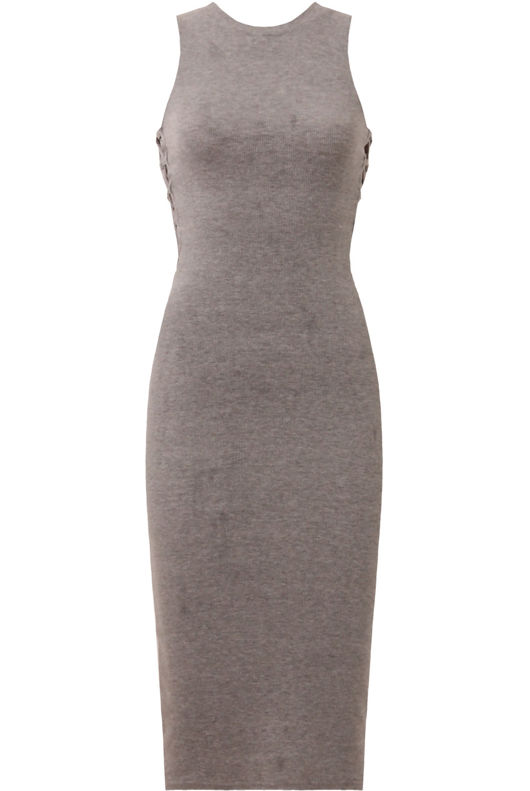 Grey Ribbed Side Lace Up Body Hugging Midi Dress