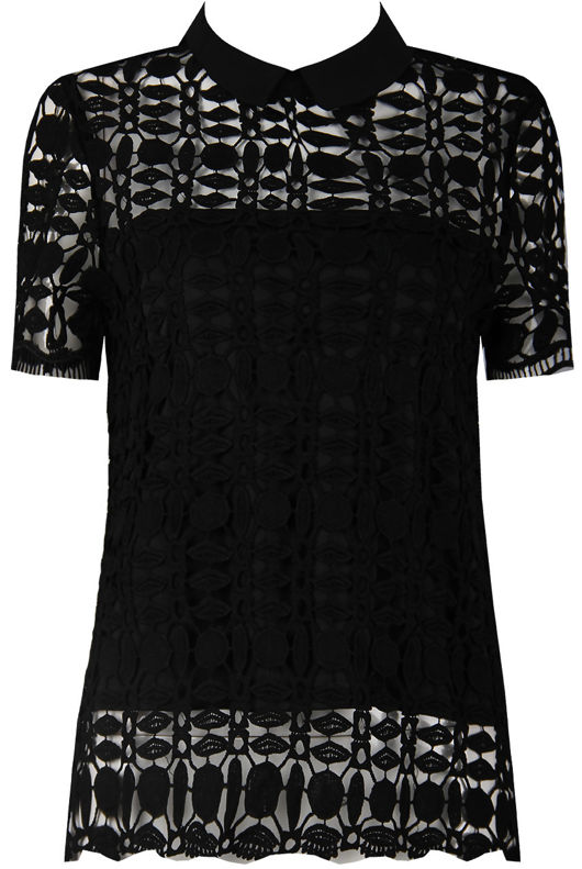 Black Lace Insert Collared Tops