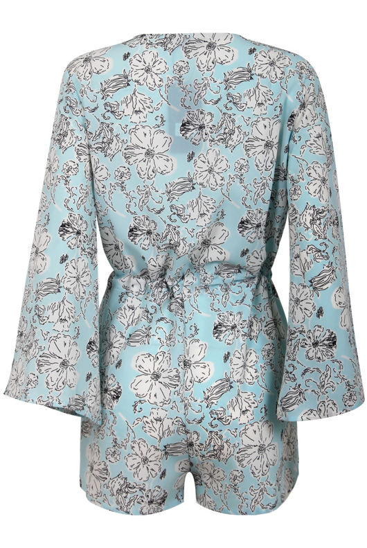 Sky Blue Floral Bell Sleeves Playsuits