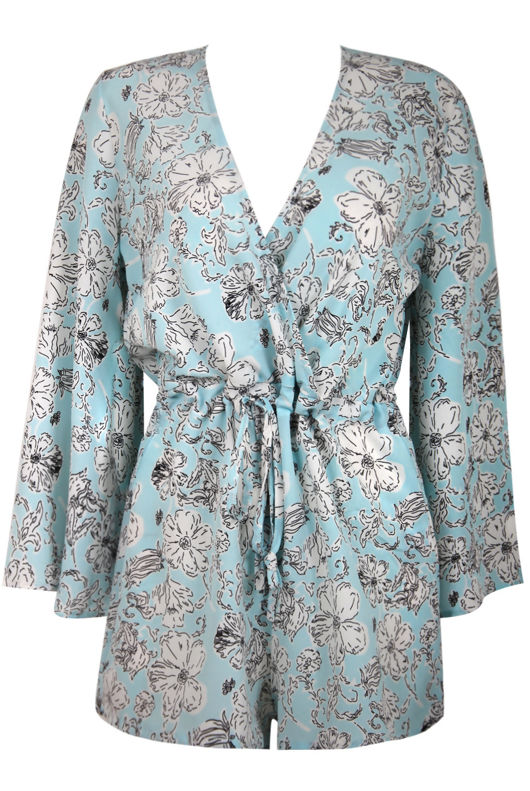 Sky Blue Floral Bell Sleeves Playsuits