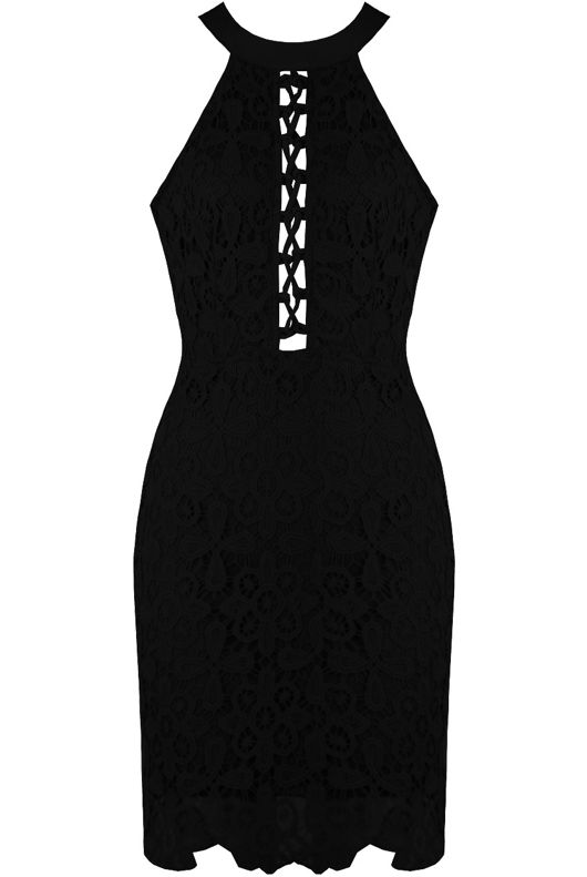 Black Floral Embroidery Textured Bodycon Dress