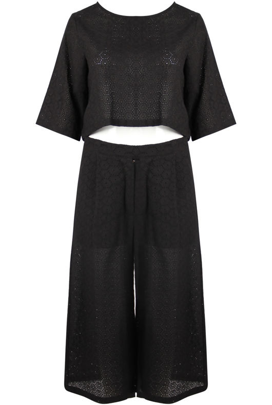 Black Broderie Anglaise Crop Top & Culottes Set