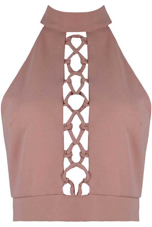 Pink Front Lace Tie Up Crop Tops