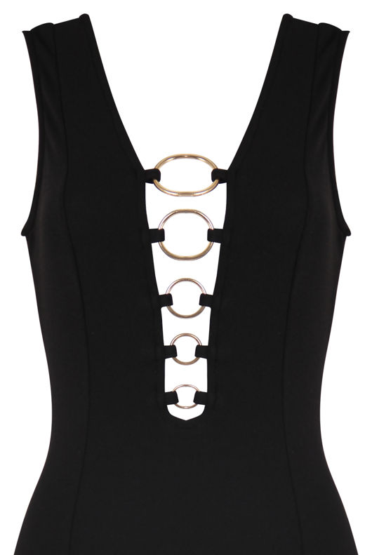 Black Plunge Front Bodysuit With Metal Ring 