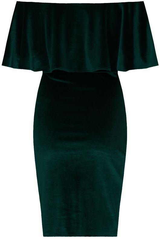 Green Velvet Textured Bardot Frill Bodycon Dress