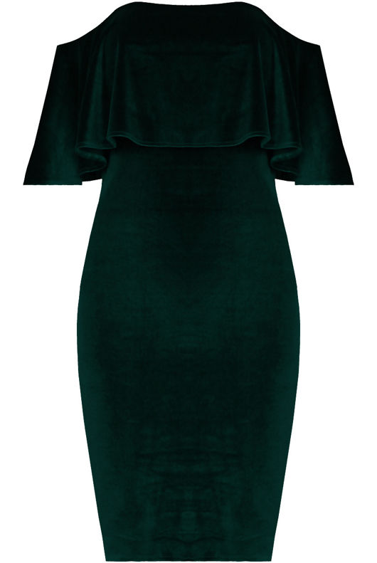 Green Velvet Textured Bardot Frill Bodycon Dress