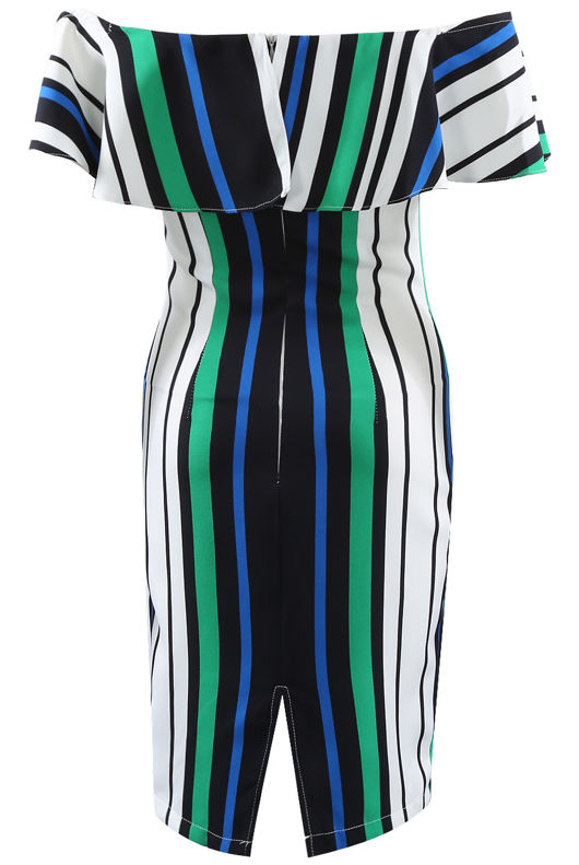 Green Stripes Frill Bardot Dress