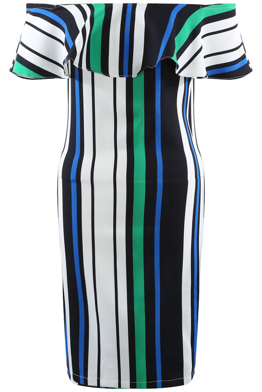 Green Stripes Frill Bardot Dress