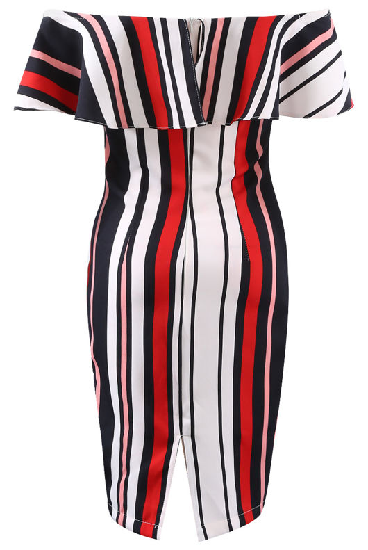 Red Stripes Frill Bardot Dress 