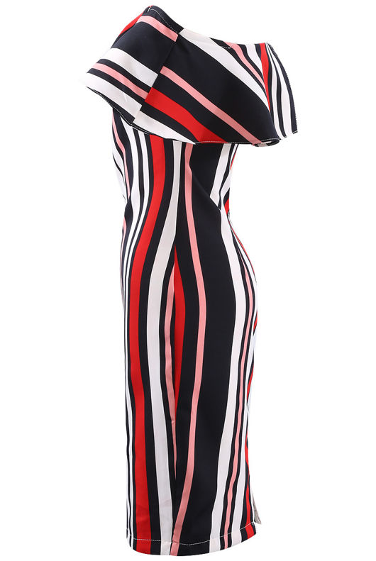 Red Stripes Frill Bardot Dress 