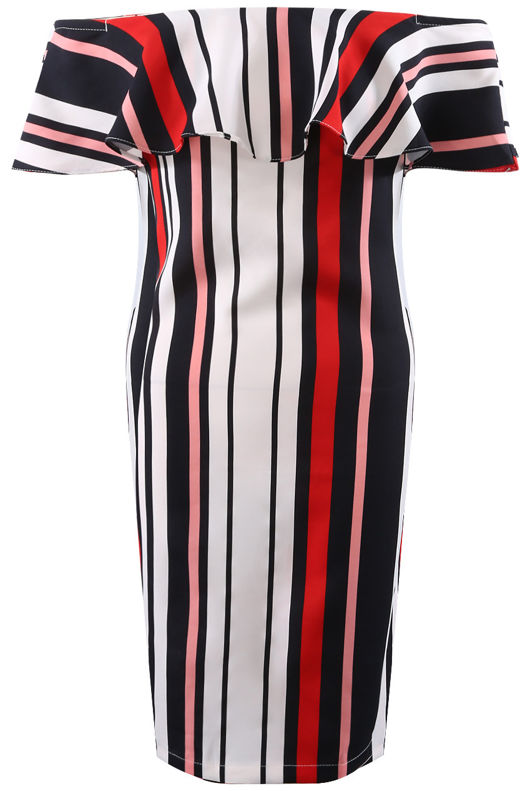 Red Stripes Frill Bardot Dress 