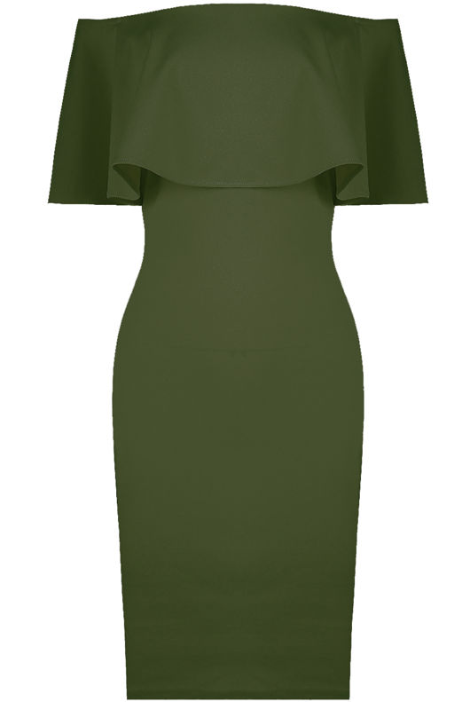 Off The Shoulder Frill Bodycon Dress In Khaki