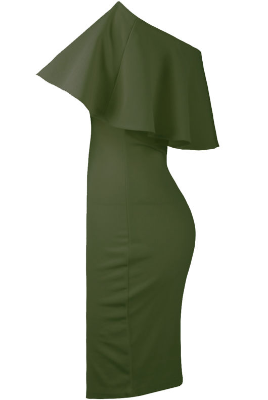 Off The Shoulder Frill Bodycon Dress In Khaki
