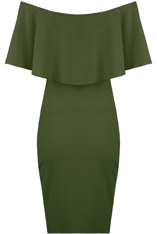Off The Shoulder Frill Bodycon Dress In Khaki