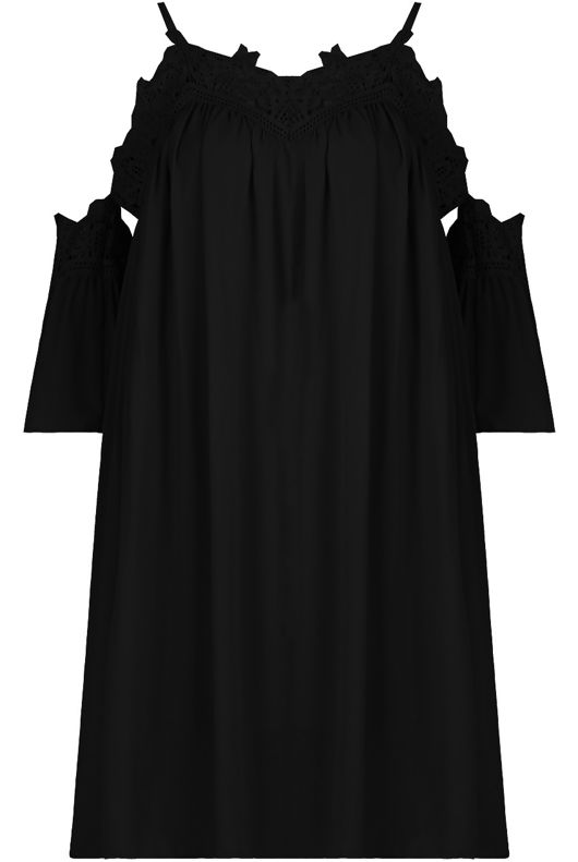 Black Embroidery Textured Cut Out Shoulder Day Dress 