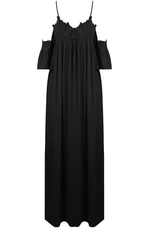 Black Cold Shoulder Lace Trim Maxi Dress