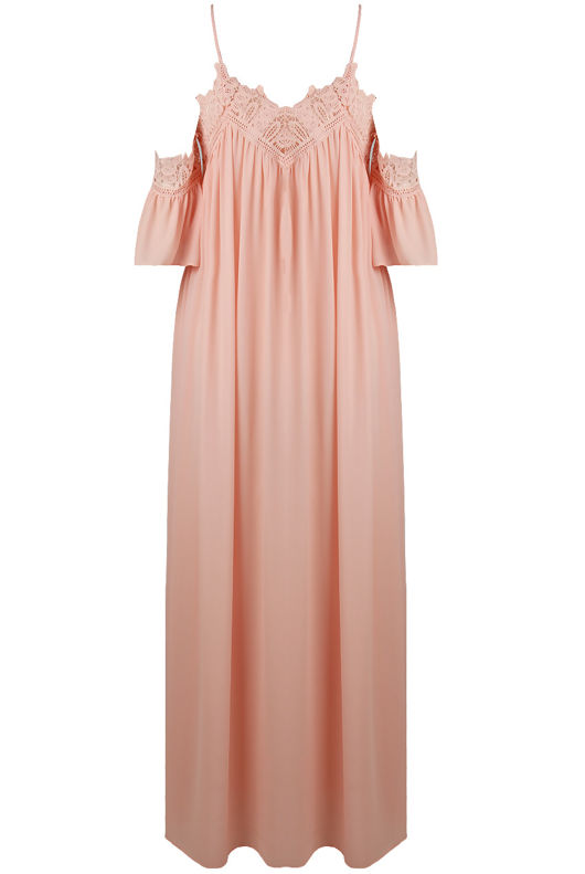 Pink Cold Shoulder Lace Trim Maxi Dress