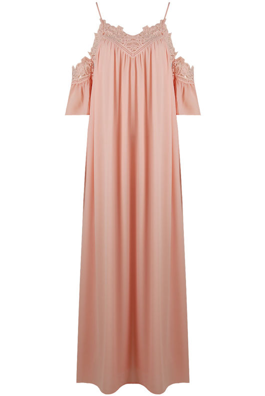Pink Cold Shoulder Lace Trim Maxi Dress