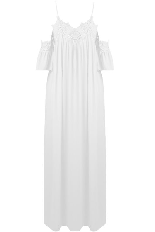 White Cold Shoulder Lace Trim Maxi Dress