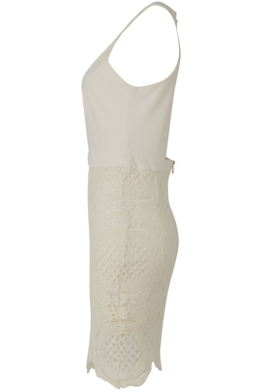White High Neck Crochet Detail Dress with Cut Out Detail