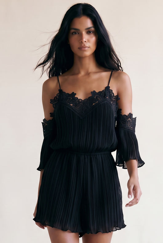 Pleated Lace Trim Cold Shoulder Playsuit In Black