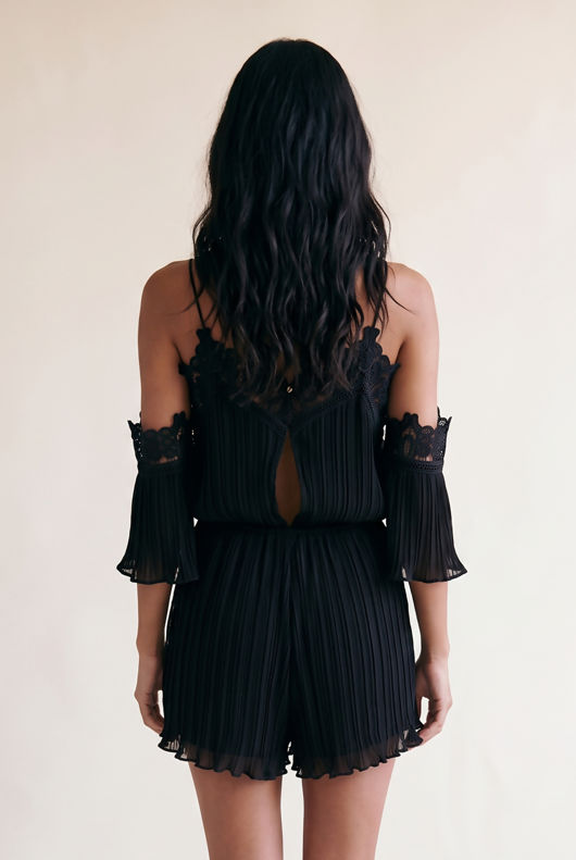 Pleated Lace Trim Cold Shoulder Playsuit In Black