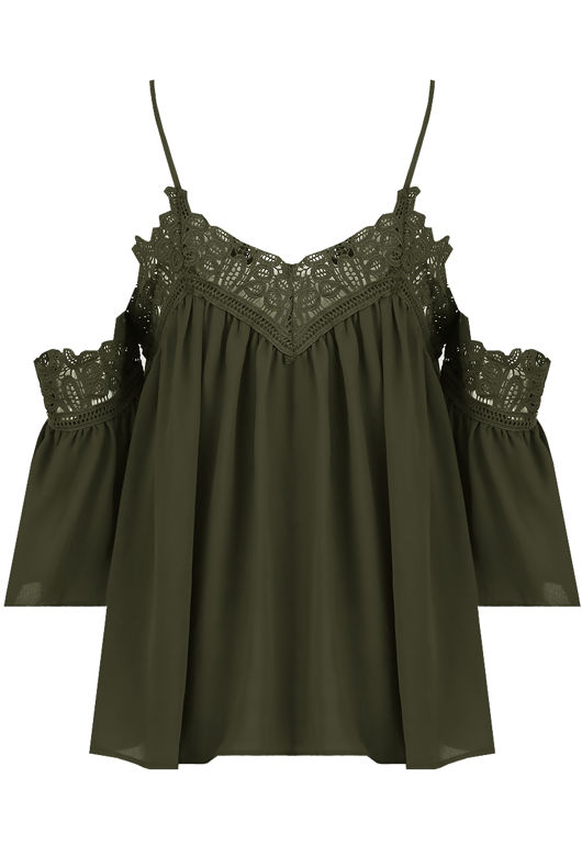 Khaki Embroidery Textured Cut Out Shoulder Tops