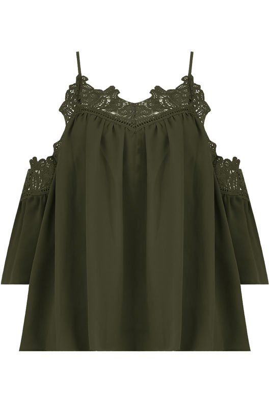 Khaki Embroidery Textured Cut Out Shoulder Tops