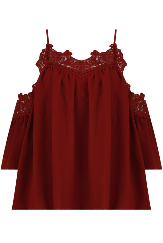 Burgundy Embroidery Textured Cut Out Shoulder Tops