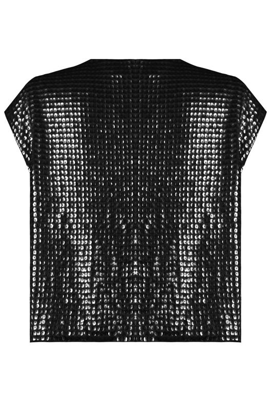 Black Sequin Textured Cap Sleeve Tops