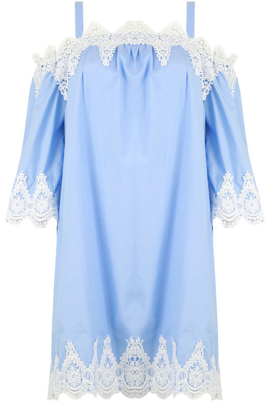 Blue Off Shoulder Embroidered Shift Dress