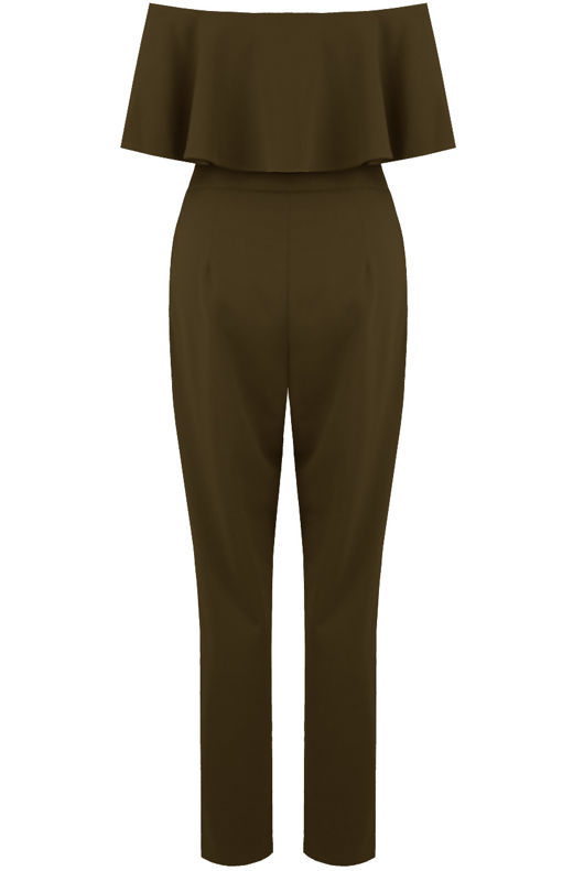Khaki off Shoulder Frill Jumpsuit 