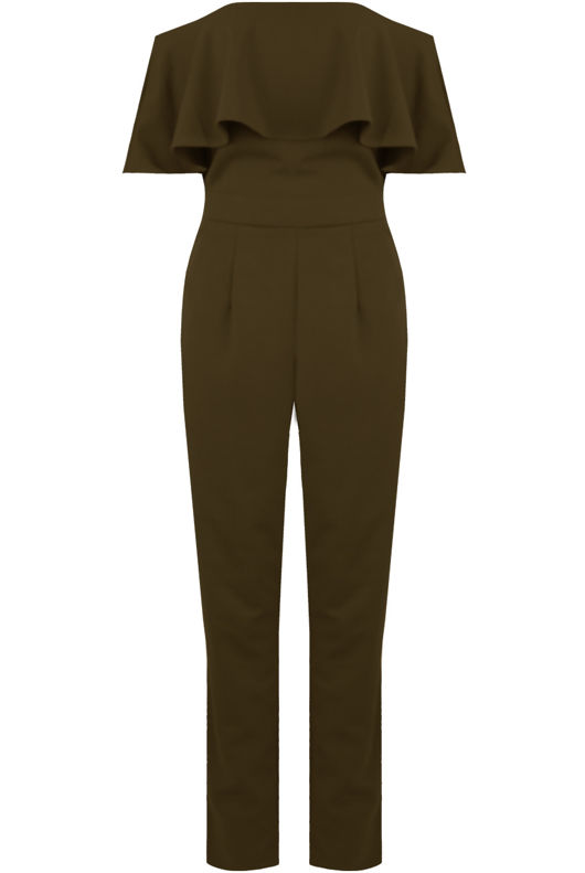 Khaki off Shoulder Frill Jumpsuit 