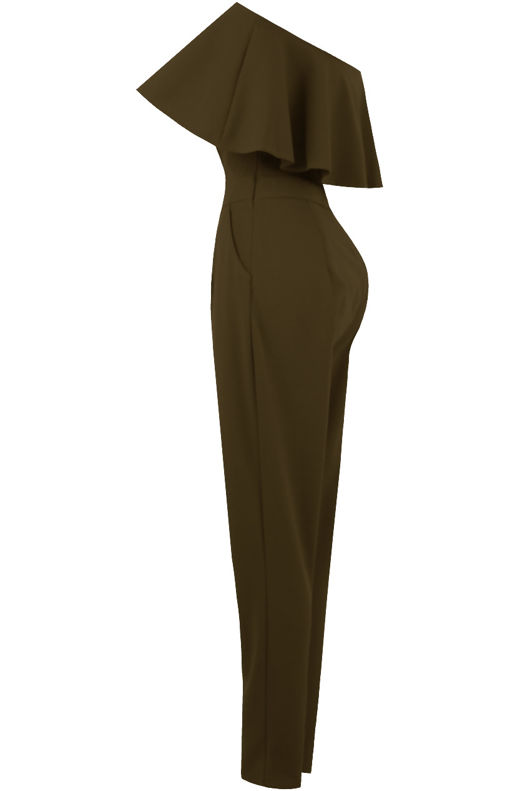 Khaki off Shoulder Frill Jumpsuit 
